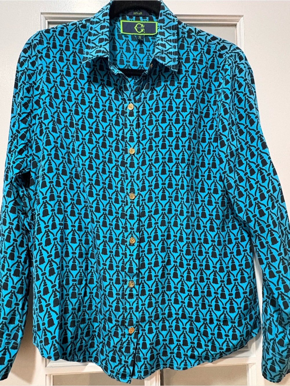 Wonder C. 100% Silk Button Front Blouse Women’s Small Blue Black